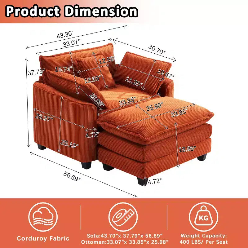 EHMKNP Poltrona Divano Cloud Comoda 101 cm L - Set Sedia Oversize e Pouf in Velluto a Coste, Rivestimento Felpato e Seduta Extra Profonda per Soggiorni di Piccoli Appartamenti