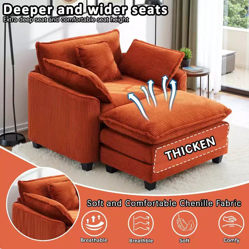 EHMKNP Poltrona Divano Cloud Comoda 101 cm L - Set Sedia Oversize e Pouf in Velluto a Coste, Rivestimento Felpato e Seduta Extra Profonda per Soggiorni di Piccoli Appartamenti