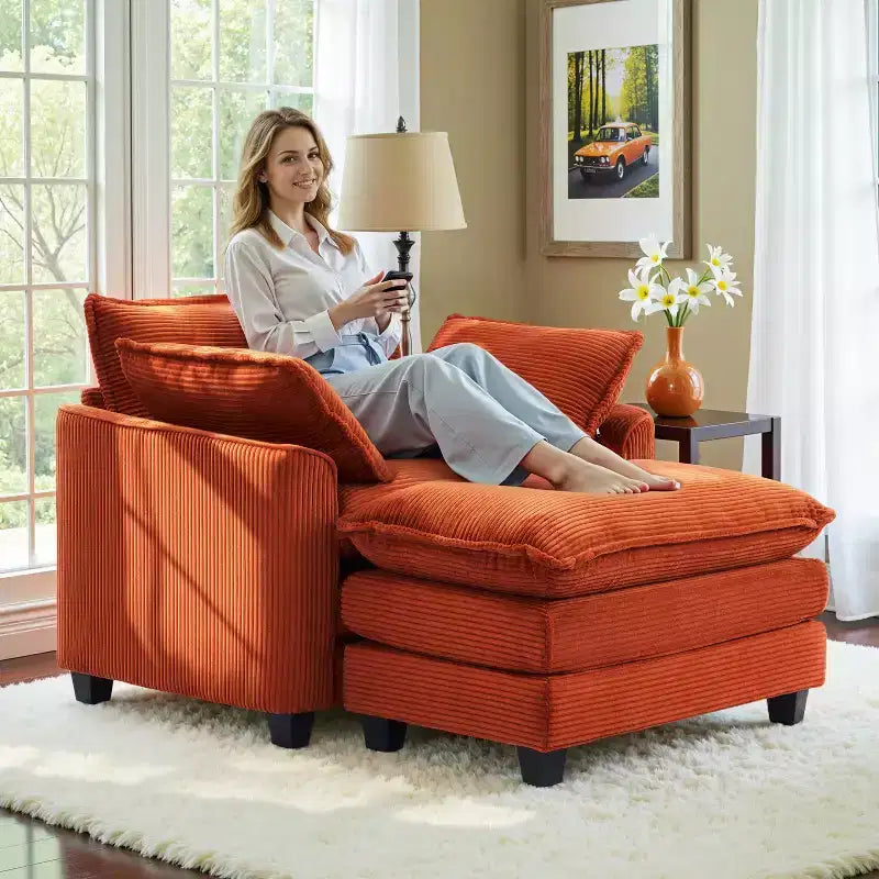 EHMKNP Poltrona Divano Cloud Comoda 101 cm L - Set Sedia Oversize e Pouf in Velluto a Coste, Rivestimento Felpato e Seduta Extra Profonda per Soggiorni di Piccoli Appartamenti
