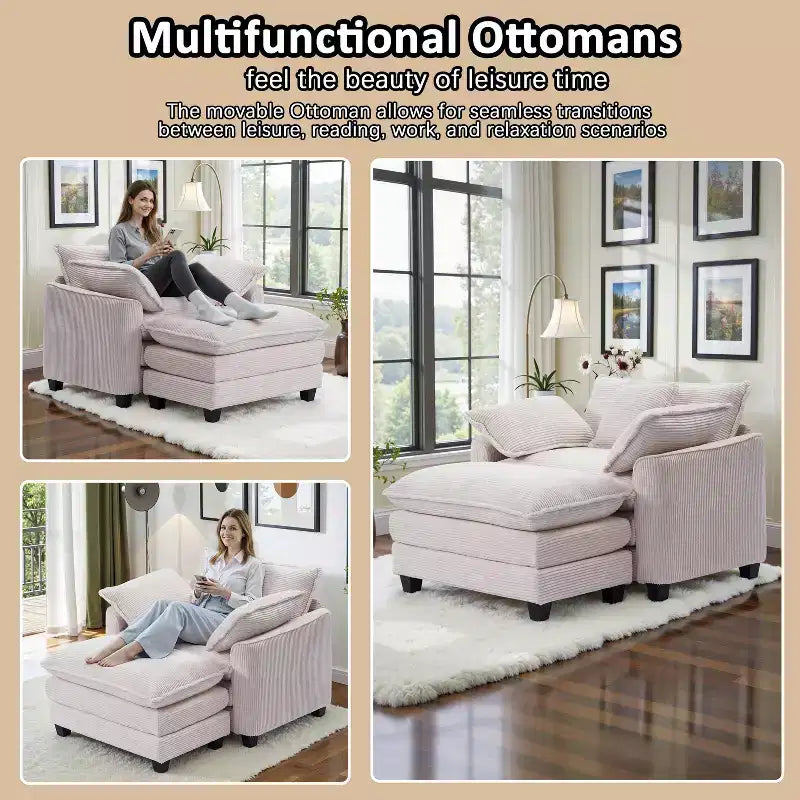 EHMKNP Poltrona Divano Cloud Comoda 101 cm L - Set Sedia Oversize e Pouf in Velluto a Coste, Rivestimento Felpato e Seduta Extra Profonda per Soggiorni di Piccoli Appartamenti