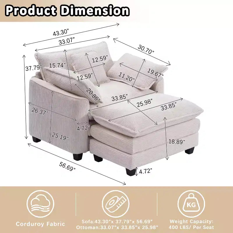 EHMKNP Poltrona Divano Cloud Comoda 101 cm L - Set Sedia Oversize e Pouf in Velluto a Coste, Rivestimento Felpato e Seduta Extra Profonda per Soggiorni di Piccoli Appartamenti