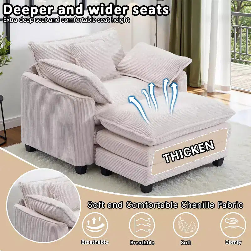 EHMKNP Poltrona Divano Cloud Comoda 101 cm L - Set Sedia Oversize e Pouf in Velluto a Coste, Rivestimento Felpato e Seduta Extra Profonda per Soggiorni di Piccoli Appartamenti