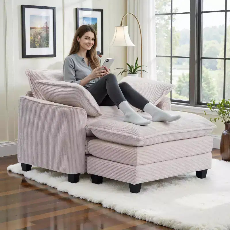 EHMKNP Poltrona Divano Cloud Comoda 101 cm L - Set Sedia Oversize e Pouf in Velluto a Coste, Rivestimento Felpato e Seduta Extra Profonda per Soggiorni di Piccoli Appartamenti