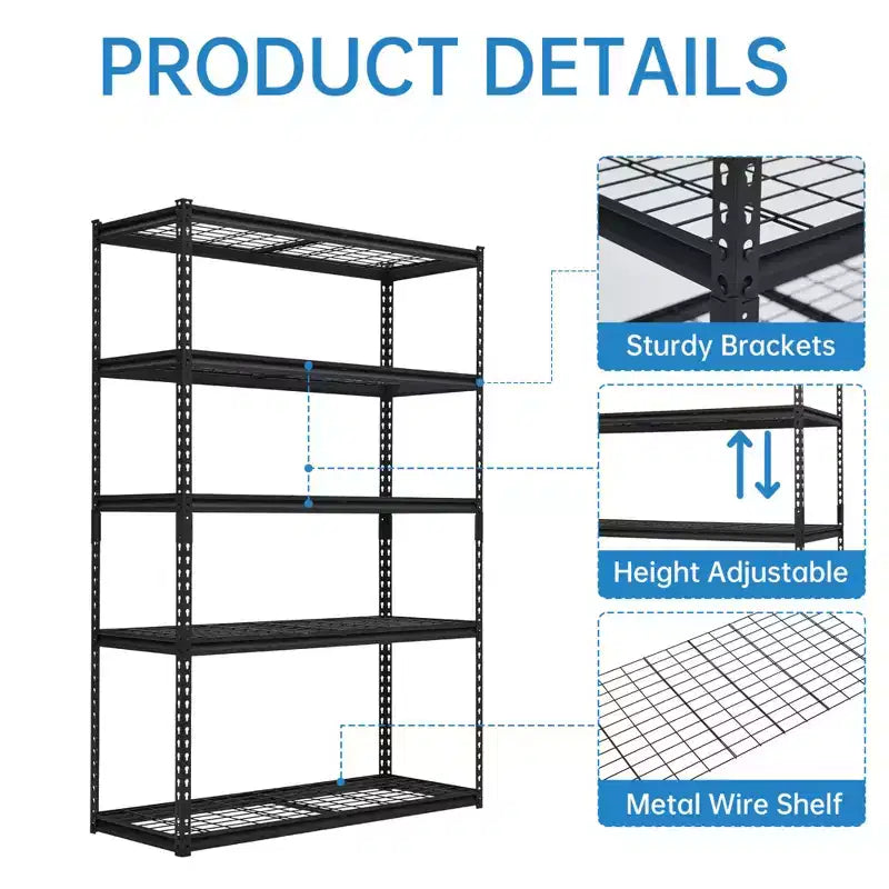 Scaffale Metallico Robusto Capacità 1134 kg, Scaffalatura da Garage 122x46 cm, Scaffali Regolabili a 5 Livelli, Scaffale Utilità per Garage, Cantina, Magazzino