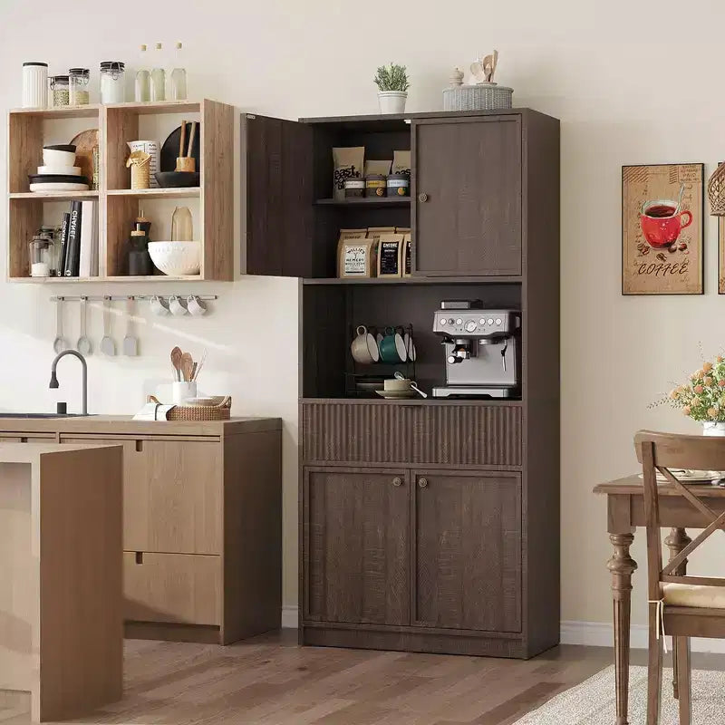 Dispensa Alta 70 con Piano di Lavoro, Mobili Alti Scanalati con Ante e Cassetto, per Bagno, Sala da Pranzo, Soggiorno
