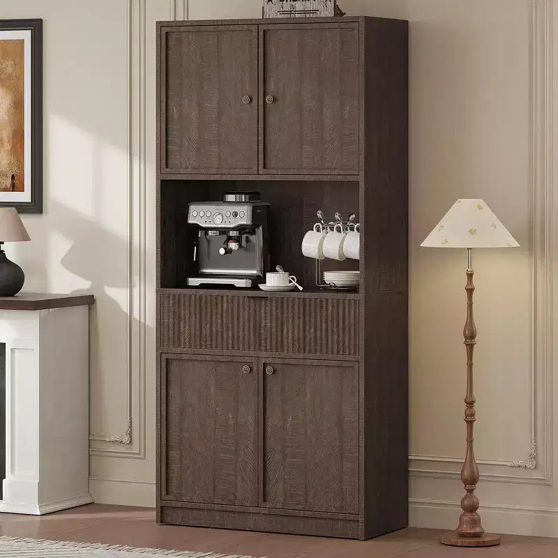 Dispensa Alta 70 con Piano di Lavoro, Mobili Alti Scanalati con Ante e Cassetto, per Bagno, Sala da Pranzo, Soggiorno