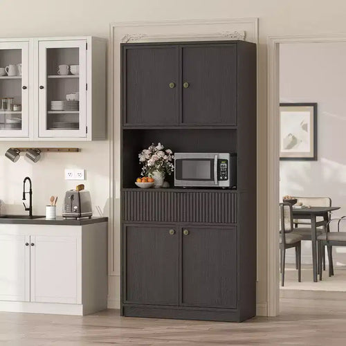 Dispensa Alta 70 con Piano di Lavoro, Mobili Alti Scanalati con Ante e Cassetto, per Bagno, Sala da Pranzo, Soggiorno