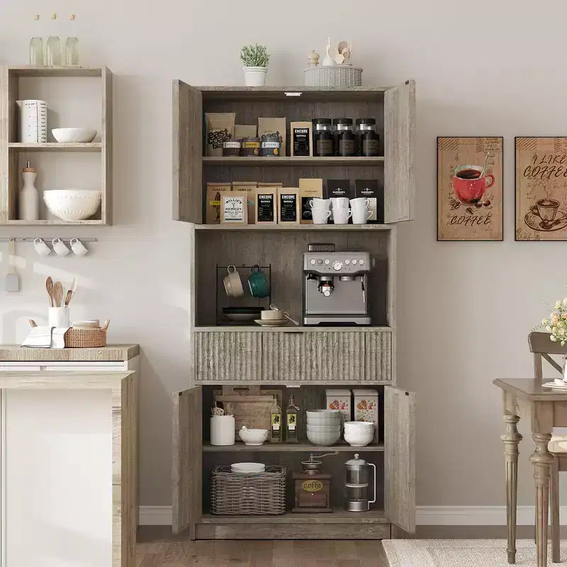 Dispensa Alta 70 con Piano di Lavoro, Mobili Alti Scanalati con Ante e Cassetto, per Bagno, Sala da Pranzo, Soggiorno