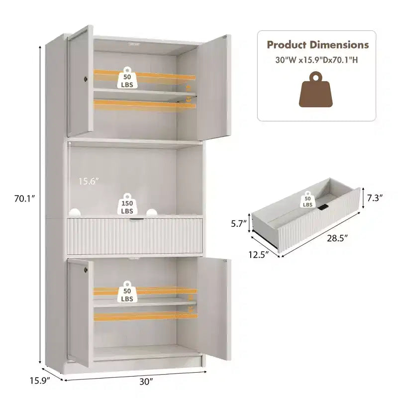 Dispensa Alta 70 con Piano di Lavoro, Mobili Alti Scanalati con Ante e Cassetto, per Bagno, Sala da Pranzo, Soggiorno