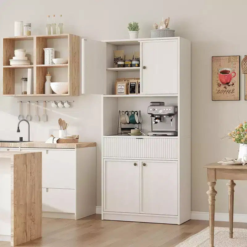 Dispensa Alta 70 con Piano di Lavoro, Mobili Alti Scanalati con Ante e Cassetto, per Bagno, Sala da Pranzo, Soggiorno