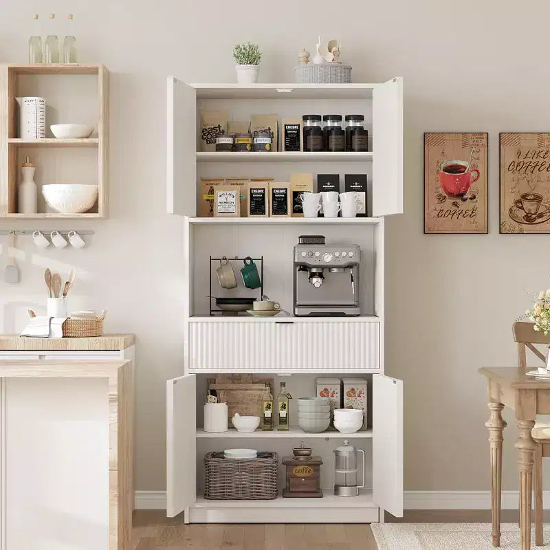 Dispensa Alta 70 con Piano di Lavoro, Mobili Alti Scanalati con Ante e Cassetto, per Bagno, Sala da Pranzo, Soggiorno