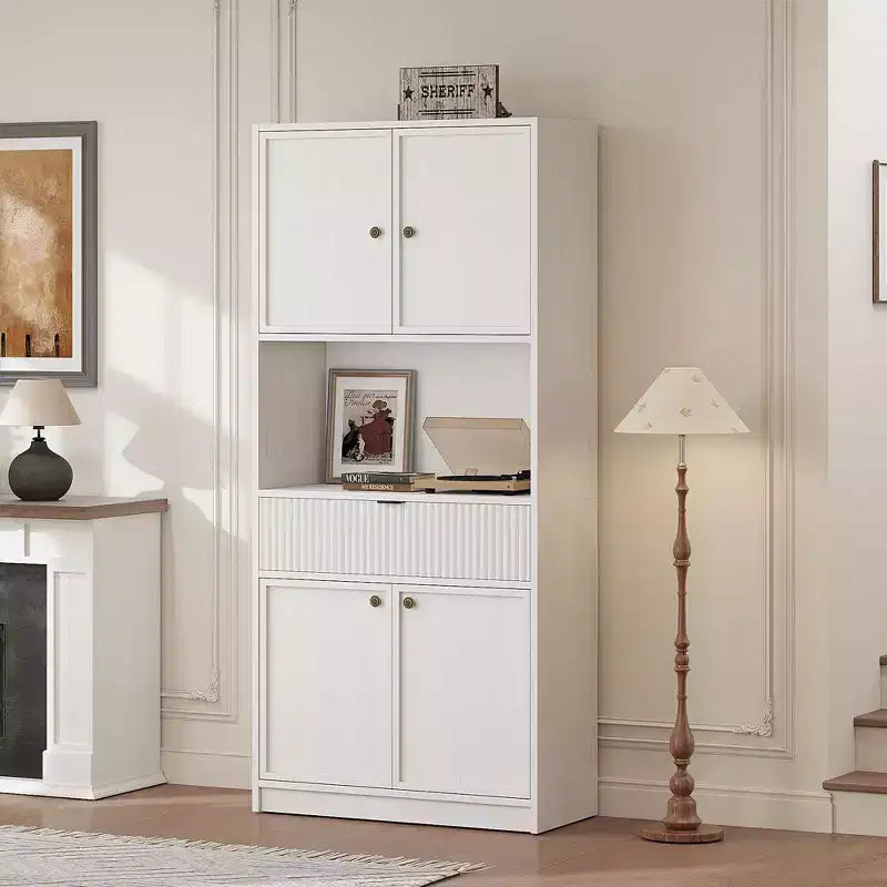 Dispensa Alta 70 con Piano di Lavoro, Mobili Alti Scanalati con Ante e Cassetto, per Bagno, Sala da Pranzo, Soggiorno