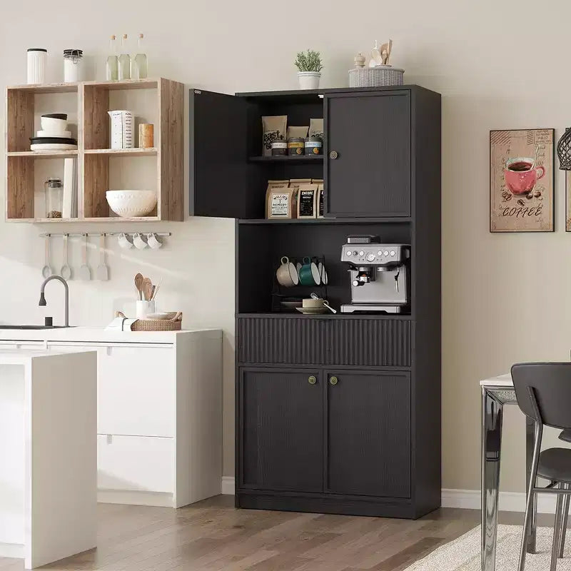 Dispensa Alta 70 con Piano di Lavoro, Mobili Alti Scanalati con Ante e Cassetto, per Bagno, Sala da Pranzo, Soggiorno