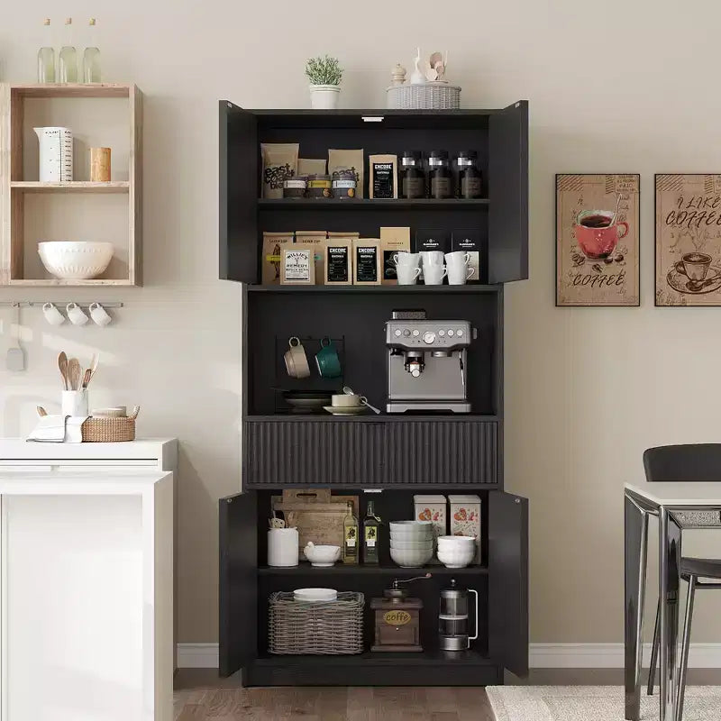 Dispensa Alta 70 con Piano di Lavoro, Mobili Alti Scanalati con Ante e Cassetto, per Bagno, Sala da Pranzo, Soggiorno