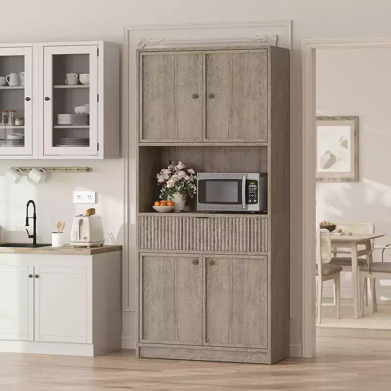 Dispensa Alta 70 con Piano di Lavoro, Mobili Alti Scanalati con Ante e Cassetto, per Bagno, Sala da Pranzo, Soggiorno