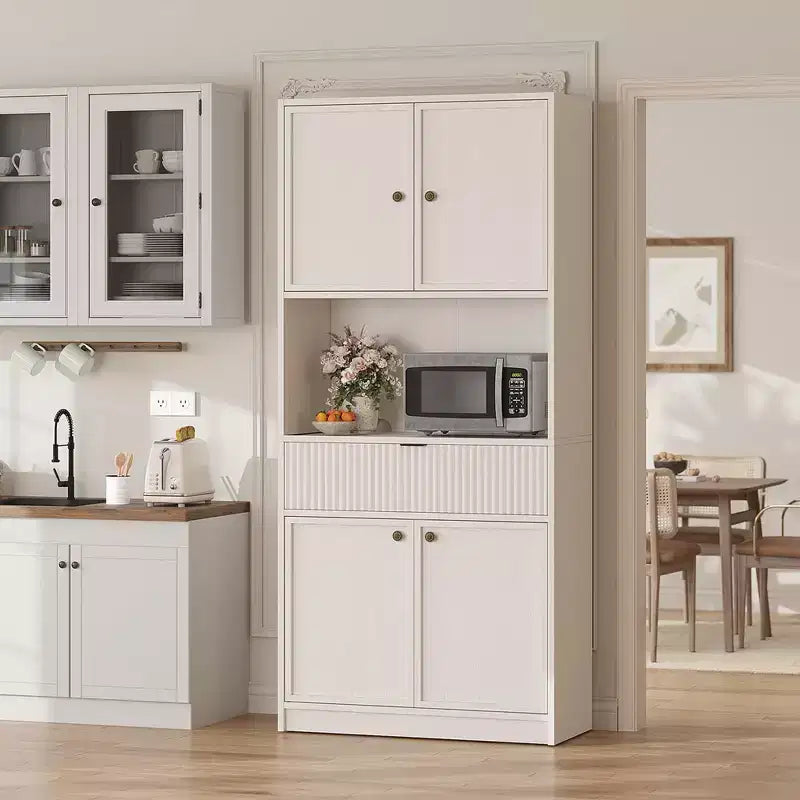 Dispensa Alta 70 con Piano di Lavoro, Mobili Alti Scanalati con Ante e Cassetto, per Bagno, Sala da Pranzo, Soggiorno