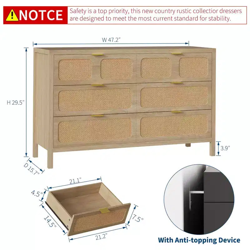 Comò a 6 cassetti, Cassettiera in Rattan per Camera da Letto con Maniglie in Metallo, Comò Contenitore in Legno Stile Fattoria per Camera da Letto, Soggiorno, Corridoio, Ingresso