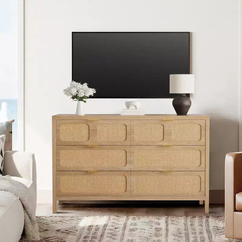Comò a 6 cassetti, Cassettiera in Rattan per Camera da Letto con Maniglie in Metallo, Comò Contenitore in Legno Stile Fattoria per Camera da Letto, Soggiorno, Corridoio, Ingresso