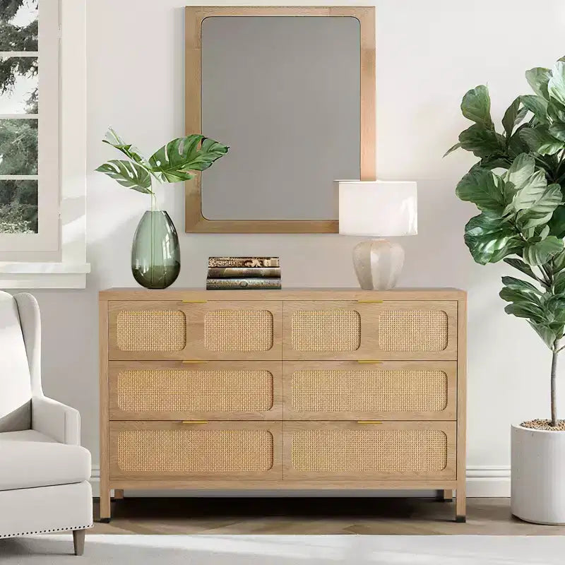Comò a 6 cassetti, Cassettiera in Rattan per Camera da Letto con Maniglie in Metallo, Comò Contenitore in Legno Stile Fattoria per Camera da Letto, Soggiorno, Corridoio, Ingresso