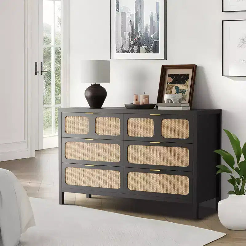 Comò a 6 cassetti, Cassettiera in Rattan per Camera da Letto con Maniglie in Metallo, Comò Contenitore in Legno Stile Fattoria per Camera da Letto, Soggiorno, Corridoio, Ingresso