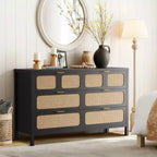 Comò a 6 cassetti, Cassettiera in Rattan per Camera da Letto con Maniglie in Metallo, Comò Contenitore in Legno Stile Fattoria per Camera da Letto, Soggiorno, Corridoio, Ingresso