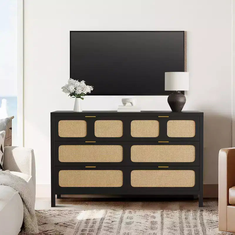 Comò a 6 cassetti, Cassettiera in Rattan per Camera da Letto con Maniglie in Metallo, Comò Contenitore in Legno Stile Fattoria per Camera da Letto, Soggiorno, Corridoio, Ingresso