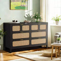 6 Drawer Dresser, Rattan Dresser for Bedroom with Metal Handles, Farmhouse Wood Storage Chest of Drawers for Bedroom, Living Room, Hallway, Entryway