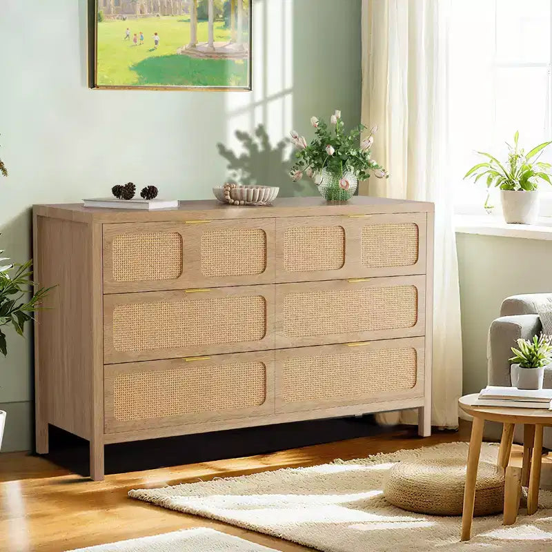 Comò a 6 cassetti, Cassettiera in Rattan per Camera da Letto con Maniglie in Metallo, Comò Contenitore in Legno Stile Fattoria per Camera da Letto, Soggiorno, Corridoio, Ingresso