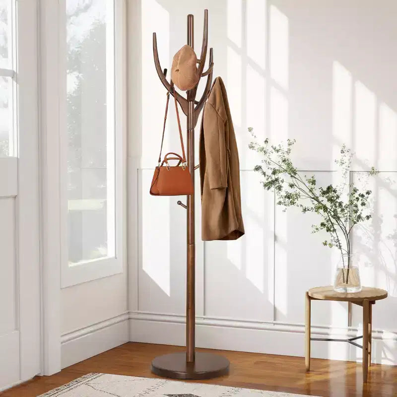 Bekrvio Appendiabiti da terra in legno massello con 12 ganci e base rotonda robusta, albero da ingresso resistente per cappotti, cappelli e borse, supporto per riporre oggetti all'ingresso