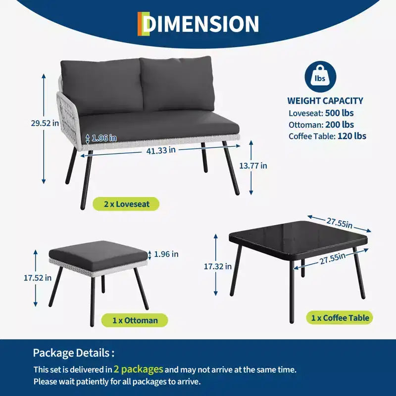 Set di mobili da esterno a L in vimini, divano sezionale da patio a 4 pezzi con rattan fatto a mano, set divano da conversazione con tavolino da caffè, pouf per giardino