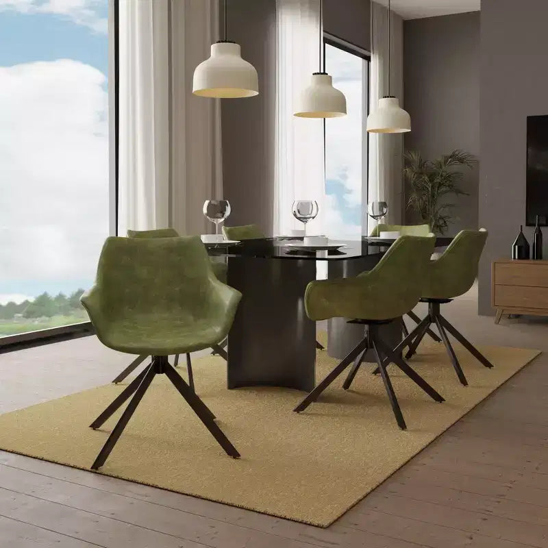 LeisureMod Markley Sedia da pranzo in pelle con braccioli girevoli a 360 gradi e gambe in ferro verniciato a polvere, set da 4