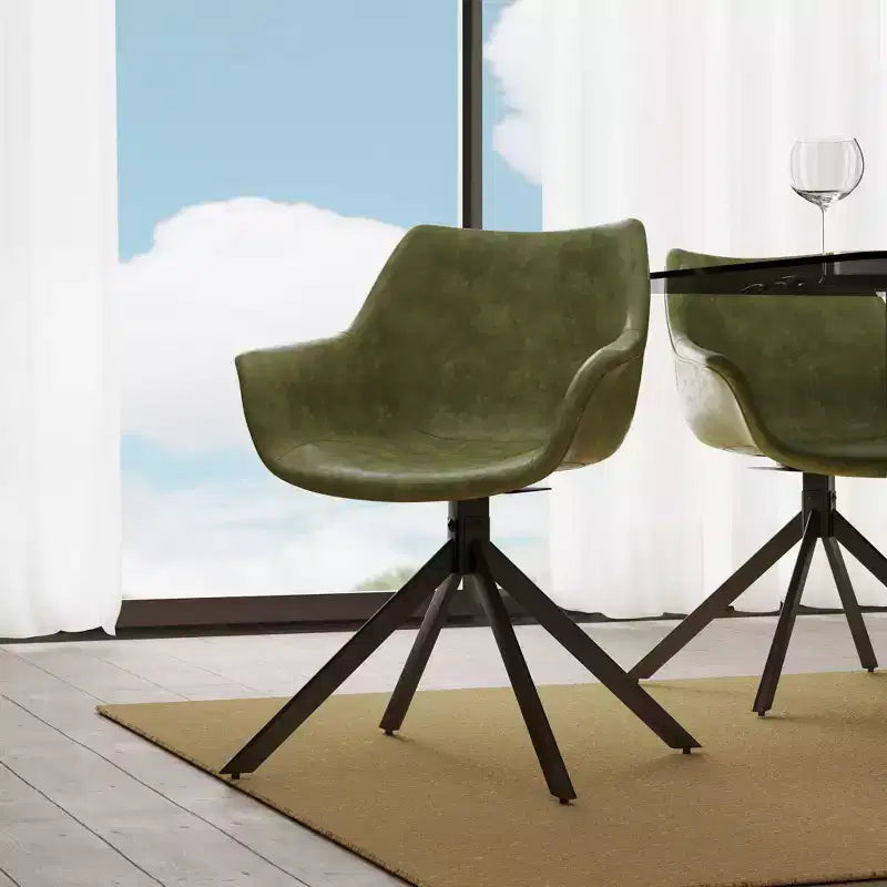 LeisureMod Markley Sedia da pranzo in pelle con braccioli girevoli a 360 gradi e gambe in ferro verniciato a polvere, set da 4