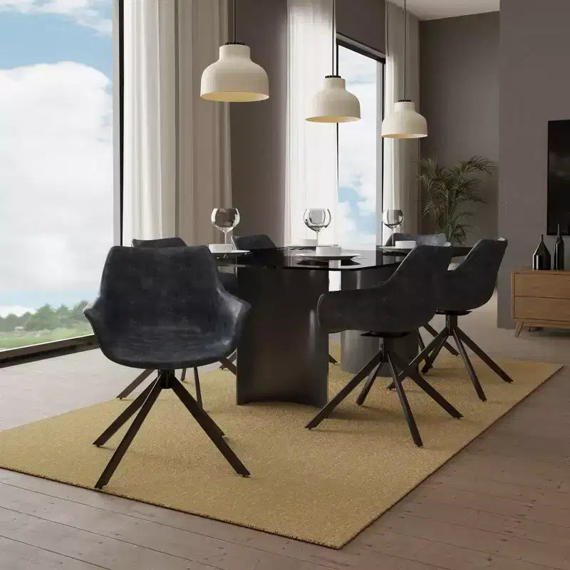 LeisureMod Markley Sedia da pranzo in pelle con braccioli girevoli a 360 gradi e gambe in ferro verniciato a polvere, set da 4