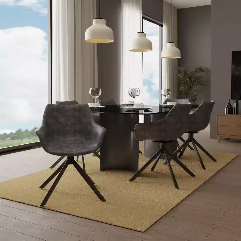 LeisureMod Markley Sedia da pranzo in pelle con braccioli girevoli a 360 gradi e gambe in ferro verniciato a polvere, set da 4