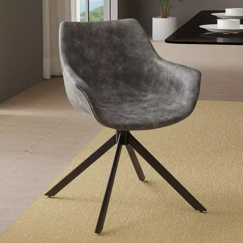 LeisureMod Markley Sedia da pranzo in pelle con braccioli girevoli a 360 gradi e gambe in ferro verniciato a polvere, set da 4