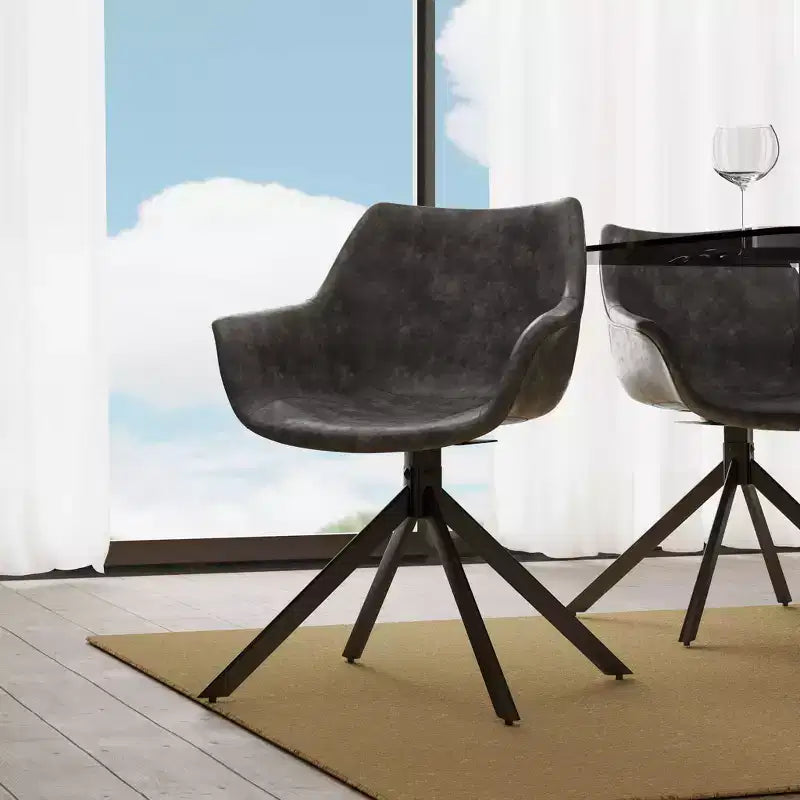 LeisureMod Markley Sedia da pranzo in pelle con braccioli girevoli a 360 gradi e gambe in ferro verniciato a polvere, set da 4
