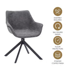 LeisureMod Markley Sedia da pranzo in pelle con braccioli girevoli a 360 gradi e gambe in ferro verniciato a polvere, set da 4