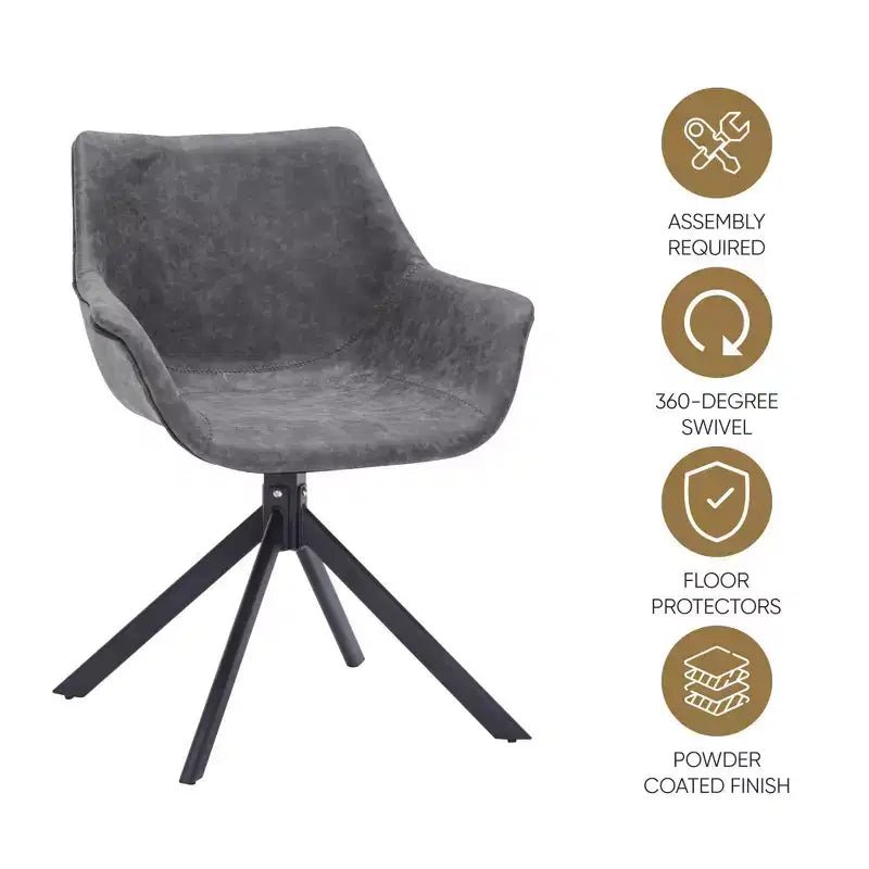 LeisureMod Markley Sedia da pranzo in pelle con braccioli girevoli a 360 gradi e gambe in ferro verniciato a polvere, set da 4