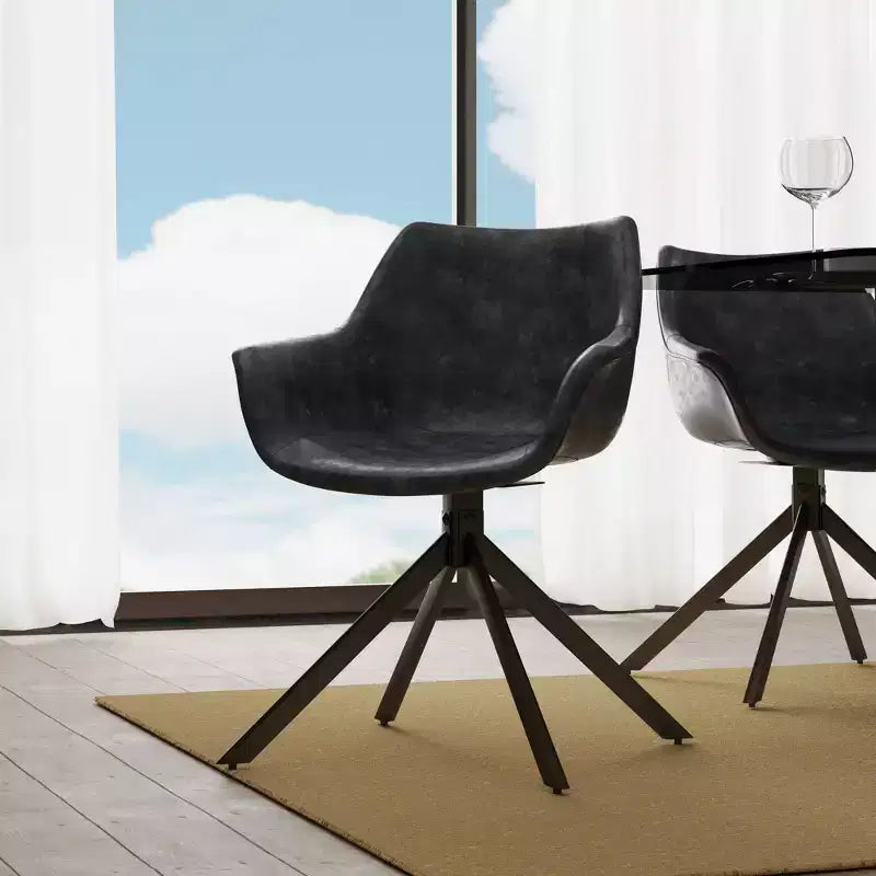 LeisureMod Markley Sedia da pranzo in pelle con braccioli girevoli a 360 gradi e gambe in ferro verniciato a polvere, set da 4