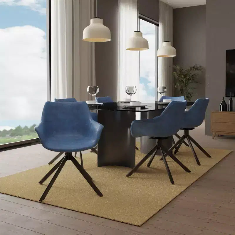 LeisureMod Markley Sedia da pranzo in pelle con braccioli girevoli a 360 gradi e gambe in ferro verniciato a polvere, set da 4