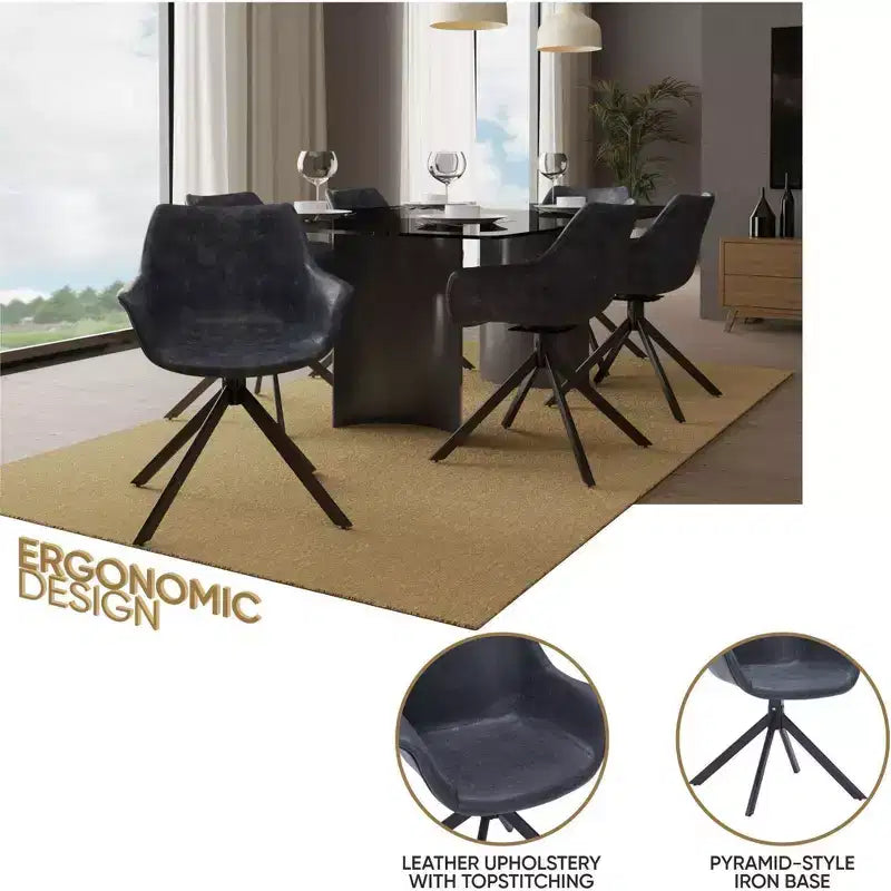 LeisureMod Markley Sedia da pranzo in pelle con braccioli girevoli a 360 gradi e gambe in ferro verniciato a polvere, set da 4