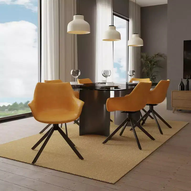LeisureMod Markley Sedia da pranzo in pelle con braccioli girevoli a 360 gradi e gambe in ferro verniciato a polvere, set da 4
