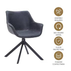 LeisureMod Markley Sedia da pranzo in pelle con braccioli girevoli a 360 gradi e gambe in ferro verniciato a polvere, set da 4