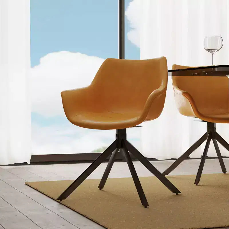 LeisureMod Markley Sedia da pranzo in pelle con braccioli girevoli a 360 gradi e gambe in ferro verniciato a polvere, set da 4