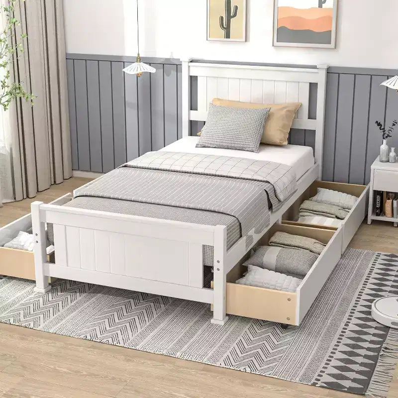VINGLI Twin Size Bed Frame with 4 Storage Drawers, White