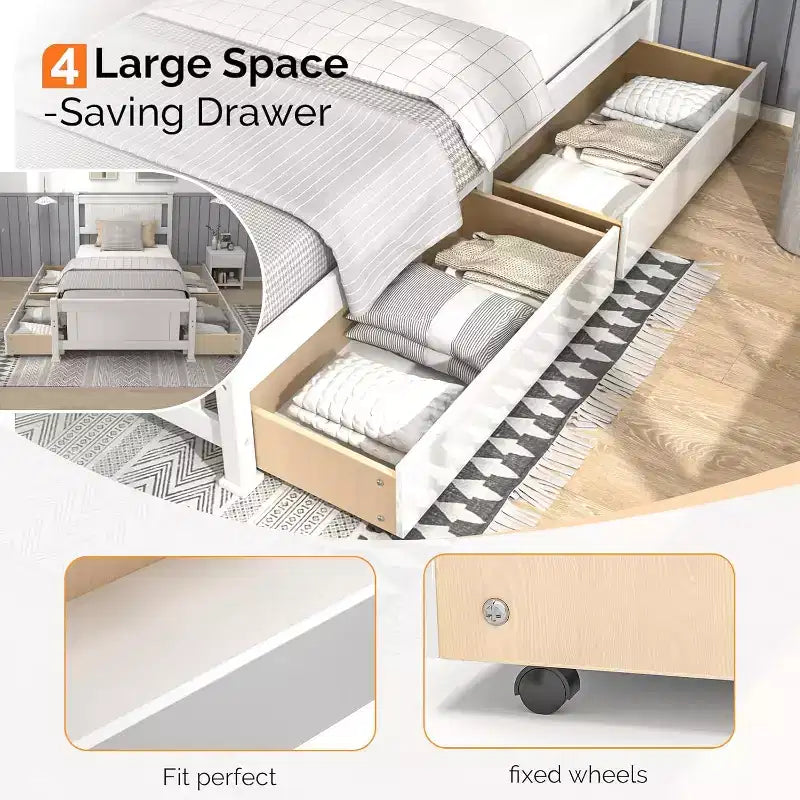 Struttura letto matrimoniale VINGLI con 4 cassetti contenitore, Bianco