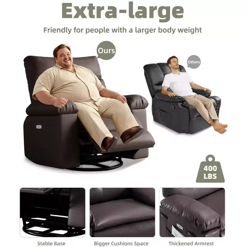 Poltrona reclinabile oversize COZONY, reclinabile manuale in pelle con supporto lombare e tasca laterale per soggiorno