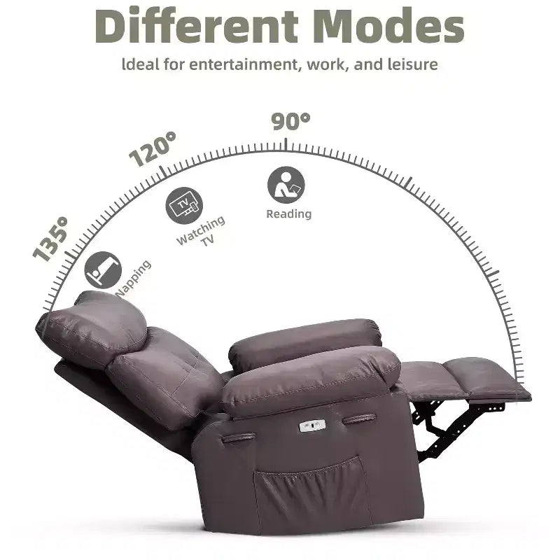 Poltrona reclinabile oversize COZONY, reclinabile manuale in pelle con supporto lombare e tasca laterale per soggiorno