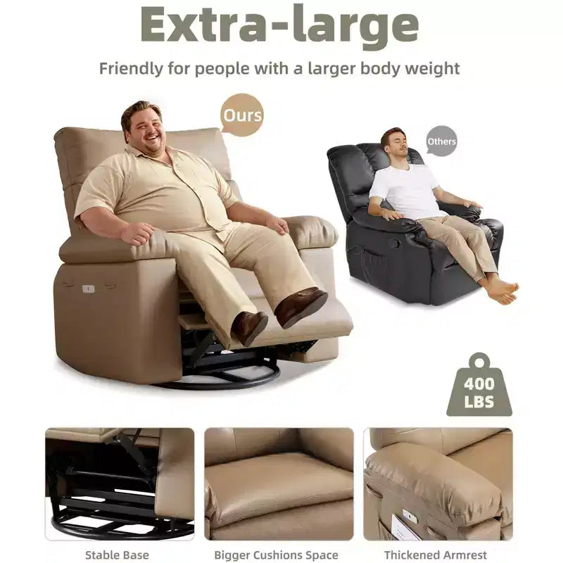 Poltrona reclinabile oversize COZONY, reclinabile manuale in pelle con supporto lombare e tasca laterale per soggiorno