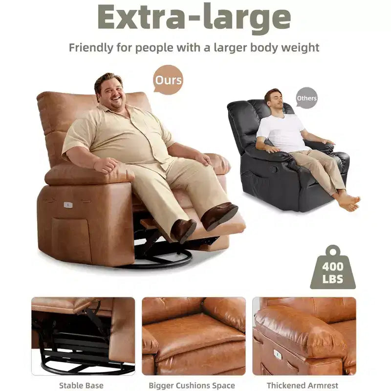 Poltrona reclinabile oversize COZONY, reclinabile manuale in pelle con supporto lombare e tasca laterale per soggiorno